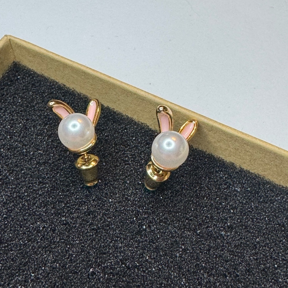 Rabbit Pearl Earrings, Dainty Zircon Bunny Studs - Picture 3 of 4